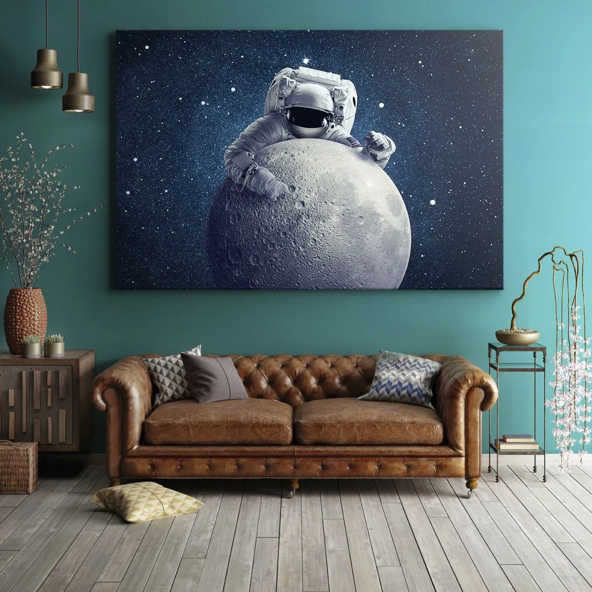Quadro em tela - Astronauta segurando a lua contra um céu estrelado - 70x50cm - Coringa do espaço - Decoração de parede moderna para a sala de estar e quarto ARTTOR