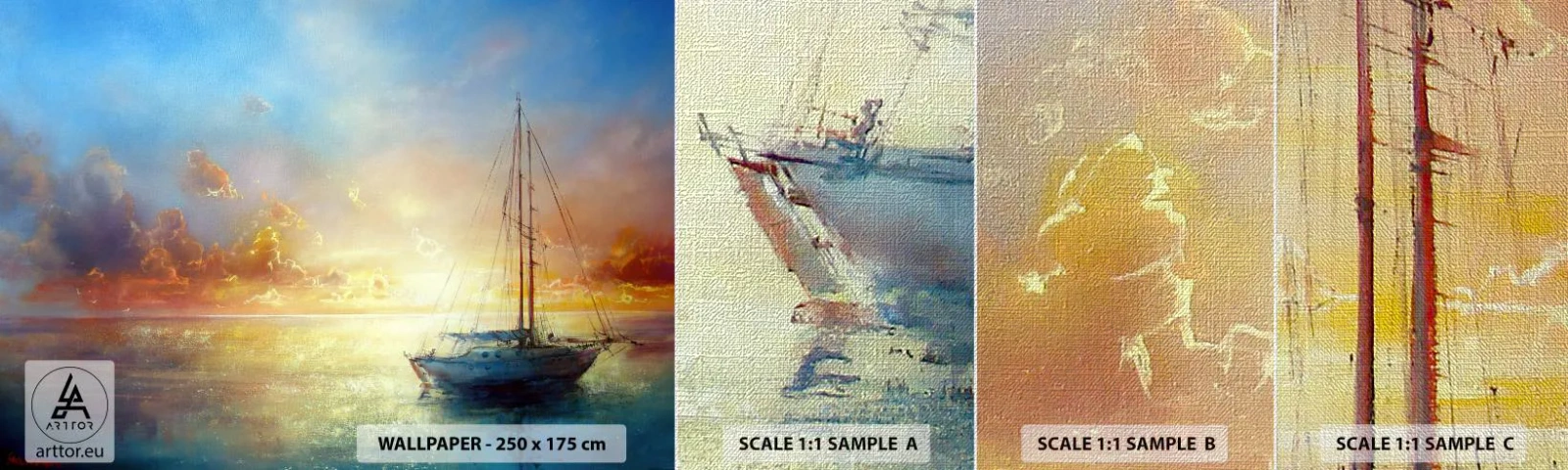 Amostra de papel de parede Premium Canvas - Na baía dourada - Barco a vela, Paisagem, Mar - 100x30 cm