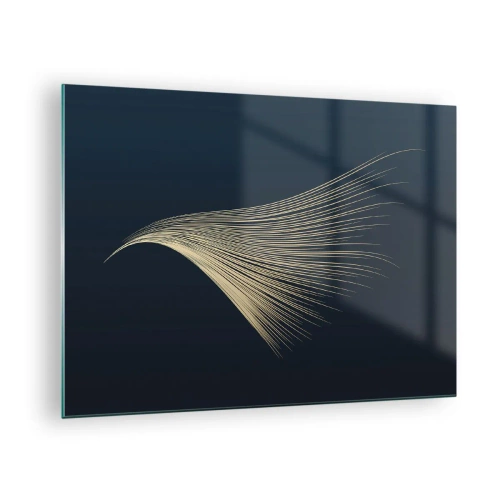 Quadro em vidro - Uma linha dourada semelhante a uma asa em um fundo azul marinho - 70x50cm - Como o cabelo de um anjo - Decoração de parede moderna para a sala de estar e quarto ARTTOR