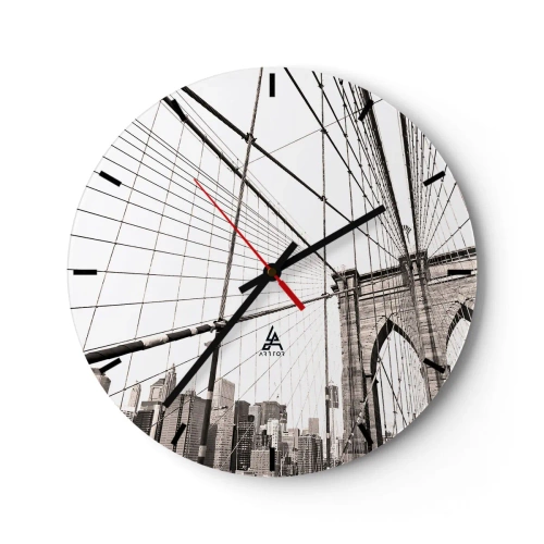 Relógio de parede - Relógio em vidro - Uma foto de uma ponte de corda com o horizonte da cidade ao fundo em tons de cinza. - 30x30cm - Catedral de Nova York - Decoração de parede moderna para a sala de estar, cozinha e quarto ARTTOR