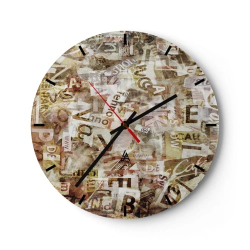 Relógio de parede - Relógio em vidro - Composição abstrata com letras em tons de bege e marrom - 30x30cm - Unificando a conversa fiada - Decoração de parede moderna para a sala de estar, cozinha e quarto ARTTOR