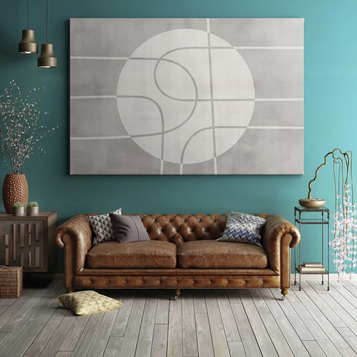 Quadro em tela - Padrão geométrico em tons de cinza e branco - 70x50cm - Circular e direto - Decoração de parede moderna para a sala de estar e quarto ARTTOR
