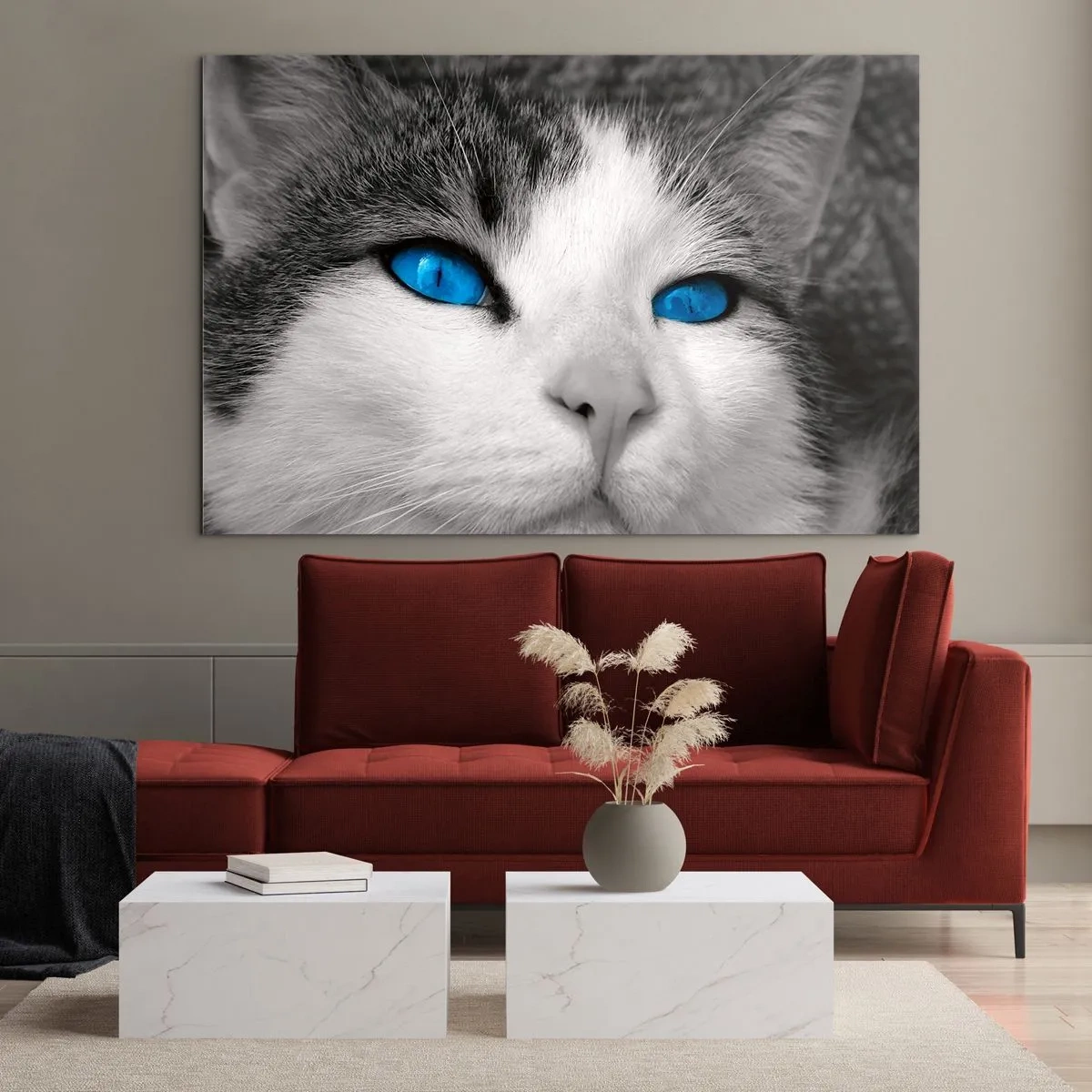 Quadro em vidro - Uma foto em preto e branco de um gato com olhos azuis intensos. - 70x50cm - Raridade de olhos azuis - Decoração de parede moderna para a sala de estar e quarto ARTTOR