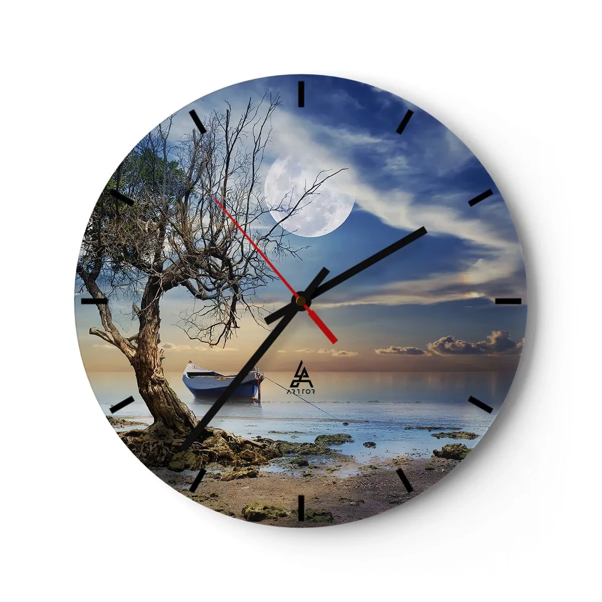 Relógio de parede - Relógio em vidro - Um barco na praia com a lua ao fundo - 30x30cm - É este o fim ou o começo? - Decoração de parede moderna para a sala de estar, cozinha e quarto ARTTOR