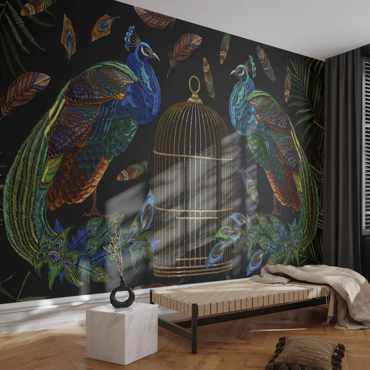 Papel de Parede Autocolante Deluxe Sticker - Em vestes reais - Abstração, Pavão, Pena de pavão - 350x256 cm