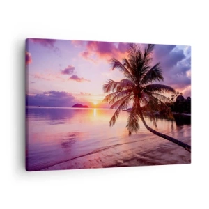 Quadro em tela - Praia tropical com palmeiras ao pôr do sol - 70x50cm - Felicidade no horizonte - Decoração de parede moderna para a sala de estar e quarto ARTTOR
