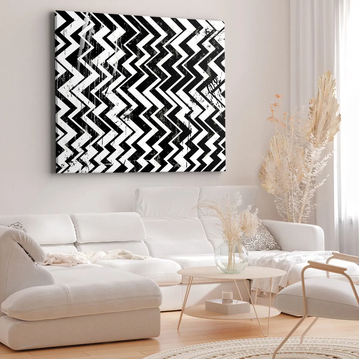 Quadro em tela - Padrão em zigue-zague preto e branco com abrasões artísticas - 70x50cm - Zig-branco, zag-preto - Decoração de parede moderna para a sala de estar e quarto ARTTOR