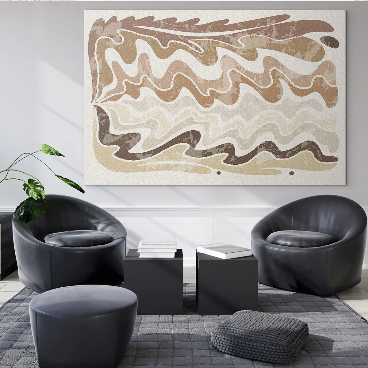 Quadro em vidro - Ondas bege e marrons em uma composição abstrata - 70x50cm - Boa energia – boas emoções - Decoração de parede moderna para a sala de estar e quarto ARTTOR