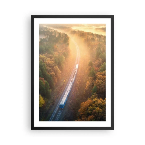 Pôster com moldura preta - Um trem viajando por uma floresta de outono sob os raios do sol nascente - 50x70cm - Uma viagem de outono - Decoração de parede moderna para a sala de estar e quarto ARTTOR