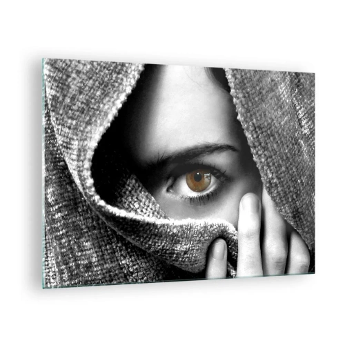 Quadro em vidro - Um olho escondido atrás de uma textura de tecido monocromática - 70x50cm - Descubra o mistério - Decoração de parede moderna para a sala de estar e quarto ARTTOR