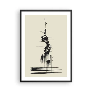 Pôster com moldura preta - Um desenho abstrato de uma figura sobre um fundo de linhas onduladas. - 50x70cm - Abstração apressada - Decoração de parede moderna para a sala de estar e quarto ARTTOR