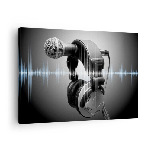Quadro em tela - Microfone e fones de ouvido com visualização de ondas sonoras ao fundo - 70x50cm - Ainda pode-se ouvir o canto - Decoração de parede moderna para a sala de estar e quarto ARTTOR