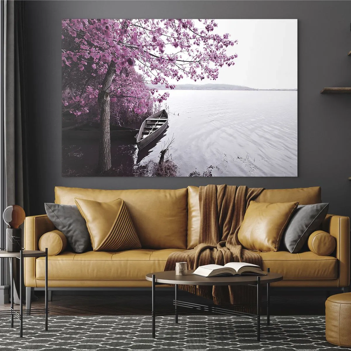Quadro em vidro - Um barco na praia com uma árvore rosa sobre a água - 70x50cm - Em silêncio cor-de-rosa - Decoração de parede moderna para a sala de estar e quarto ARTTOR