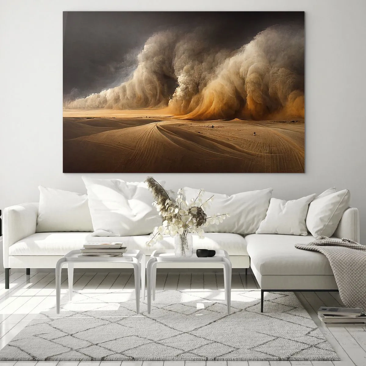 Quadro em vidro - Uma tempestade de areia sobre o deserto em uma luz dramática - 70x50cm - A Ira do Deserto - Decoração de parede moderna para a sala de estar e quarto ARTTOR