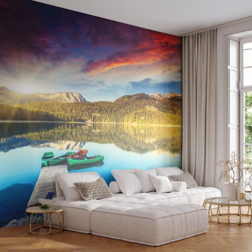 Papel de Parede Premium Canvas - Sobre a água tão lisa como um espelho - Paisagem, Montanhas, Floresta - 150x105 cm
