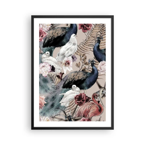 Pôster com moldura preta - Pássaros e flores coloridas em um fundo bege - 50x70cm - No jardim do palácio - Decoração de parede moderna para a sala de estar e quarto ARTTOR