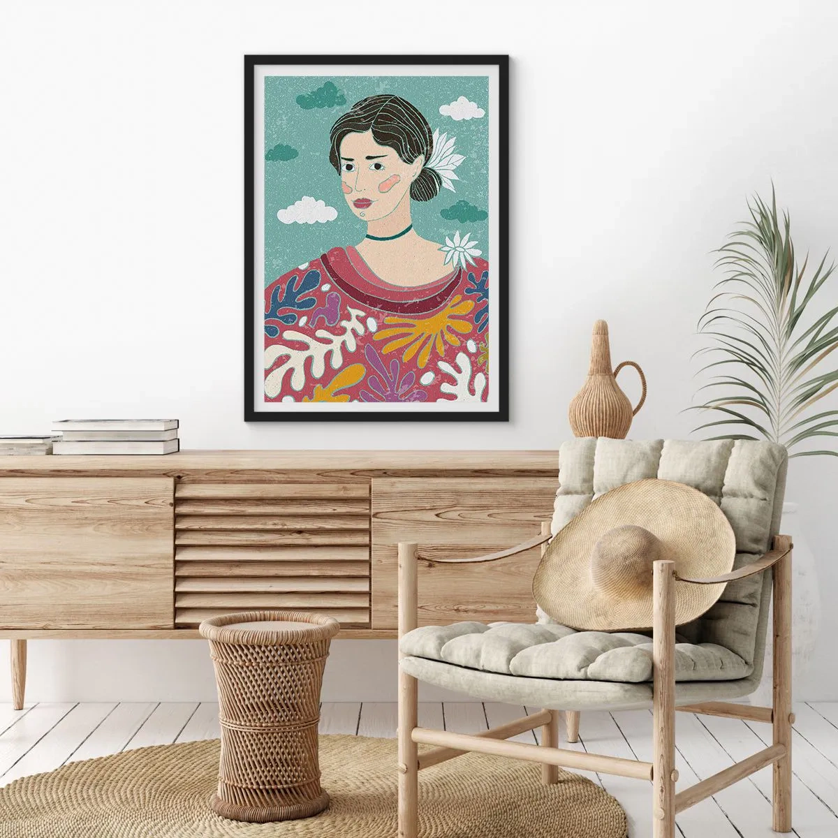 Pôster com moldura preta - Retrato de uma mulher com um vestido colorido e estilizado contra um fundo de nuvens. - 50x70cm - Com melancolia nos olhos - Decoração de parede moderna para a sala de estar e quarto ARTTOR