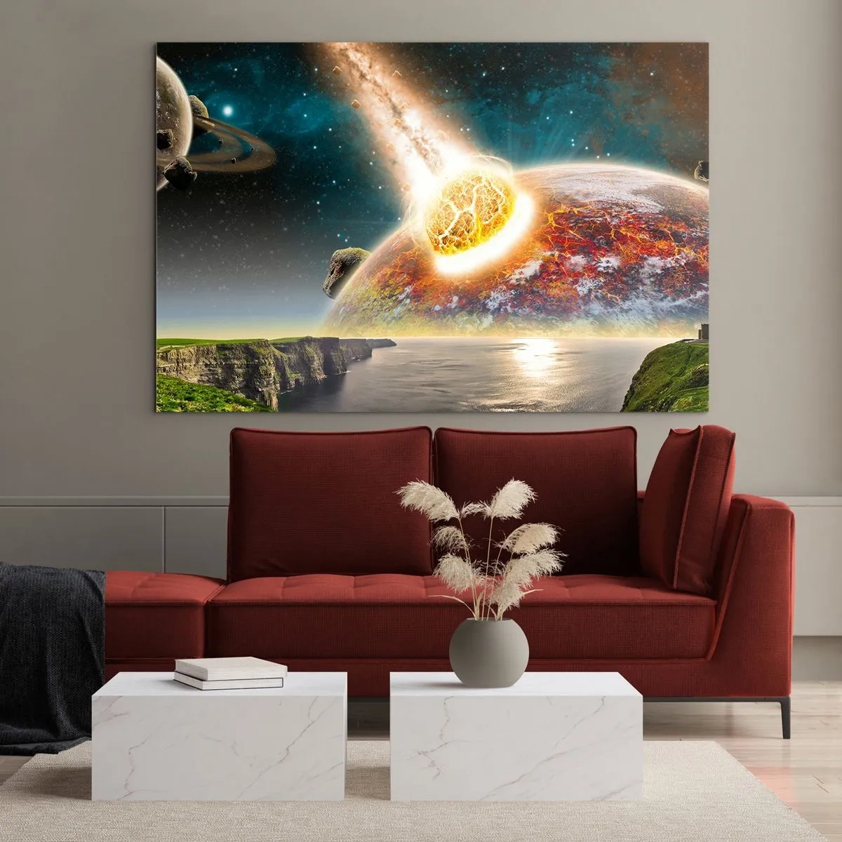 Quadro em vidro - Um meteorito colide com um planeta no espaço. - 70x50cm - Drama espacial - Decoração de parede moderna para a sala de estar e quarto ARTTOR