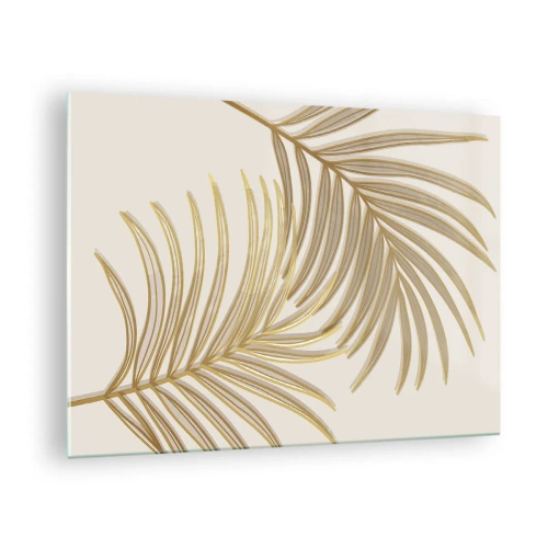 Quadro em vidro - Folhas de palmeira douradas sobre fundo claro - 70x50cm - Palma de Ouro! - Decoração de parede moderna para a sala de estar e quarto ARTTOR