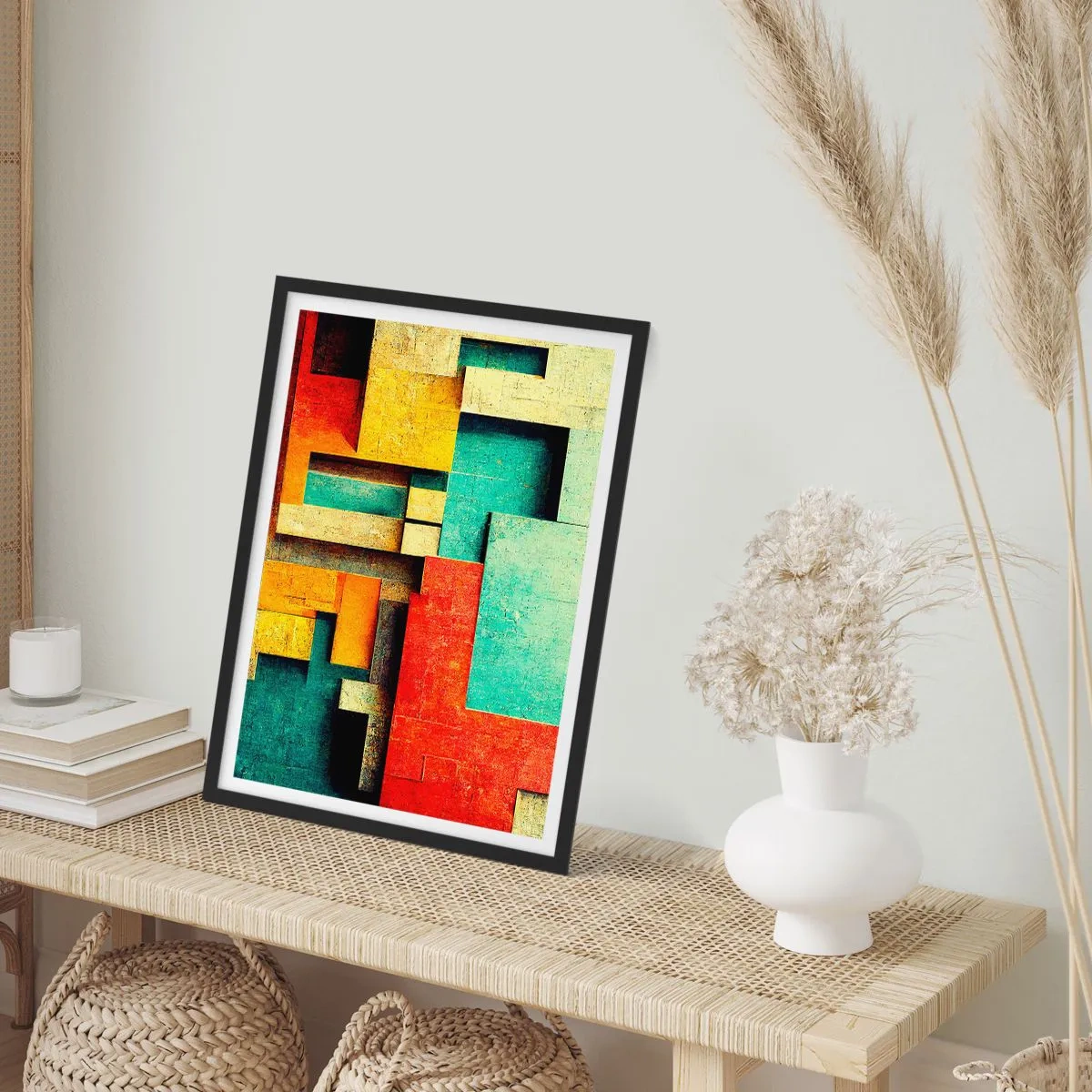 Pôster com moldura preta - Abstração geométrica em cores vivas - 50x70cm - Festival de ângulos vivos - Decoração de parede moderna para a sala de estar e quarto ARTTOR