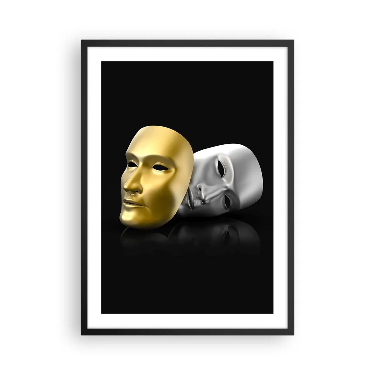 Pôster com moldura preta - Máscara de ouro e prata em fundo preto - 50x70cm - A vida é um teatro - Decoração de parede moderna para a sala de estar e quarto ARTTOR