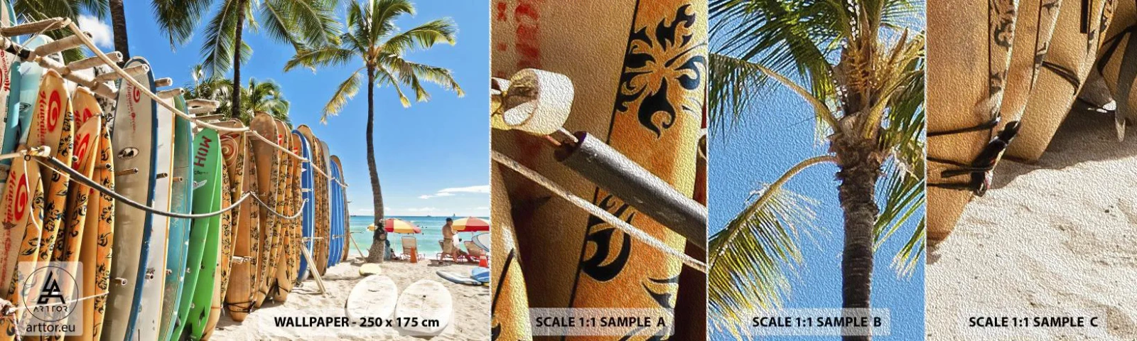 Amostra de papel de parede Premium Sand - Diversão ensolarada - Paisagem, Prancha de surfe, Praia - 100x30 cm