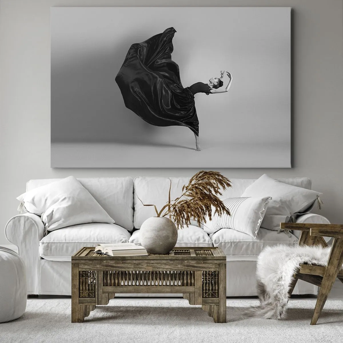 Quadro em tela - Uma dançarina elegante em um vestido preto em movimento - 70x50cm - Com as asas da música - Decoração de parede moderna para a sala de estar e quarto ARTTOR