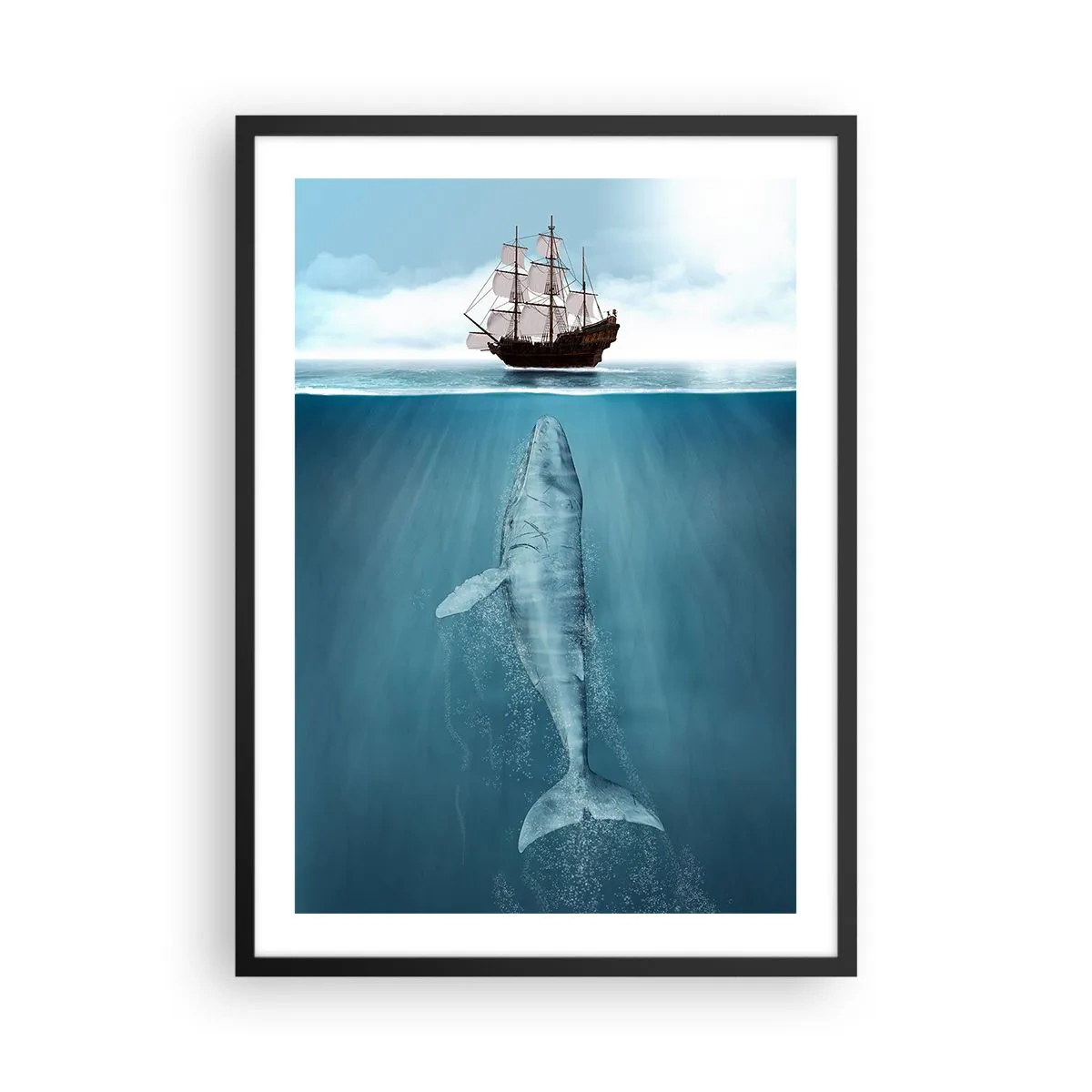 Pôster com moldura preta - Um navio na superfície da água com uma baleia embaixo, em uma cena surrealista - 50x70cm - É melhor não saber - Decoração de parede moderna para a sala de estar e quarto ARTTOR