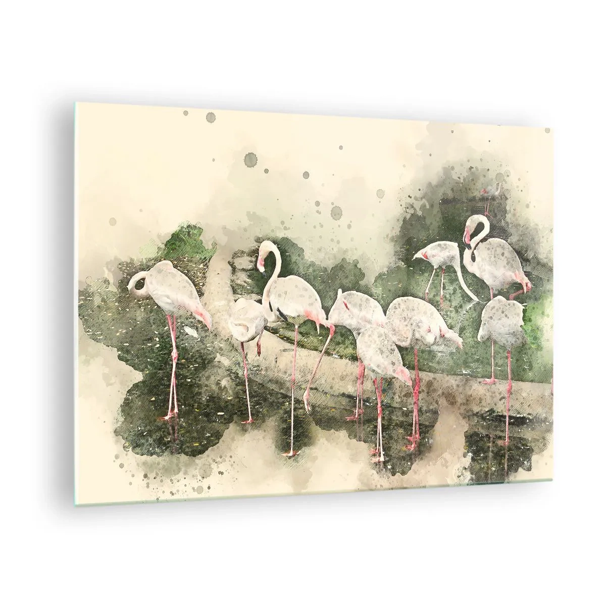 Quadro em vidro - Flamingos no fundo de uma composição em aquarela - 70x50cm - Sonho exótico - Decoração de parede moderna para a sala de estar e quarto ARTTOR