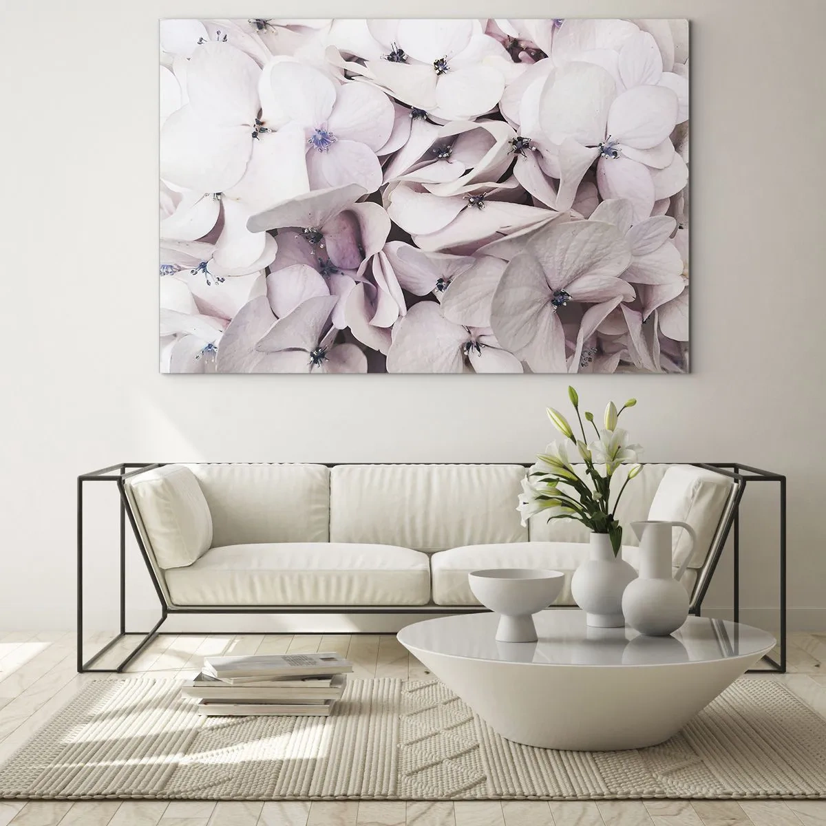 Quadro em vidro - Delicadas hortênsias rosa claro em close-up - 70x50cm - Em uma inundação de flores - Decoração de parede moderna para a sala de estar e quarto ARTTOR
