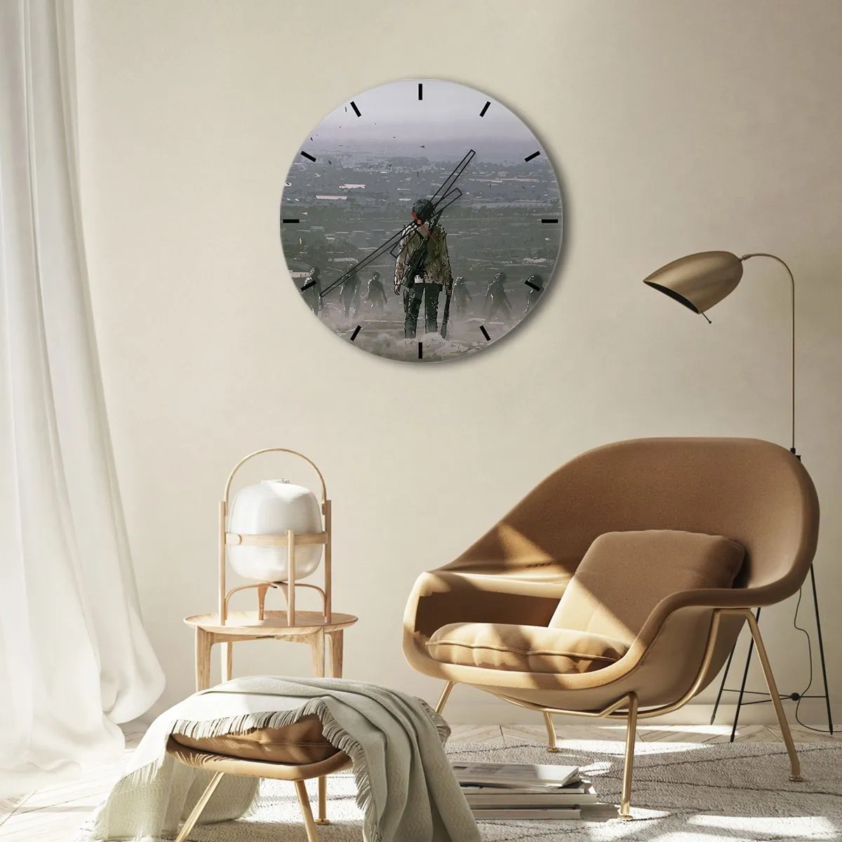 Relógio de parede - Relógio em vidro - Uma figura com uma arma contra o pano de fundo de uma cidade e névoa misteriosa - 30x30cm - O último justo? - Decoração de parede moderna para a sala de estar, cozinha e quarto ARTTOR