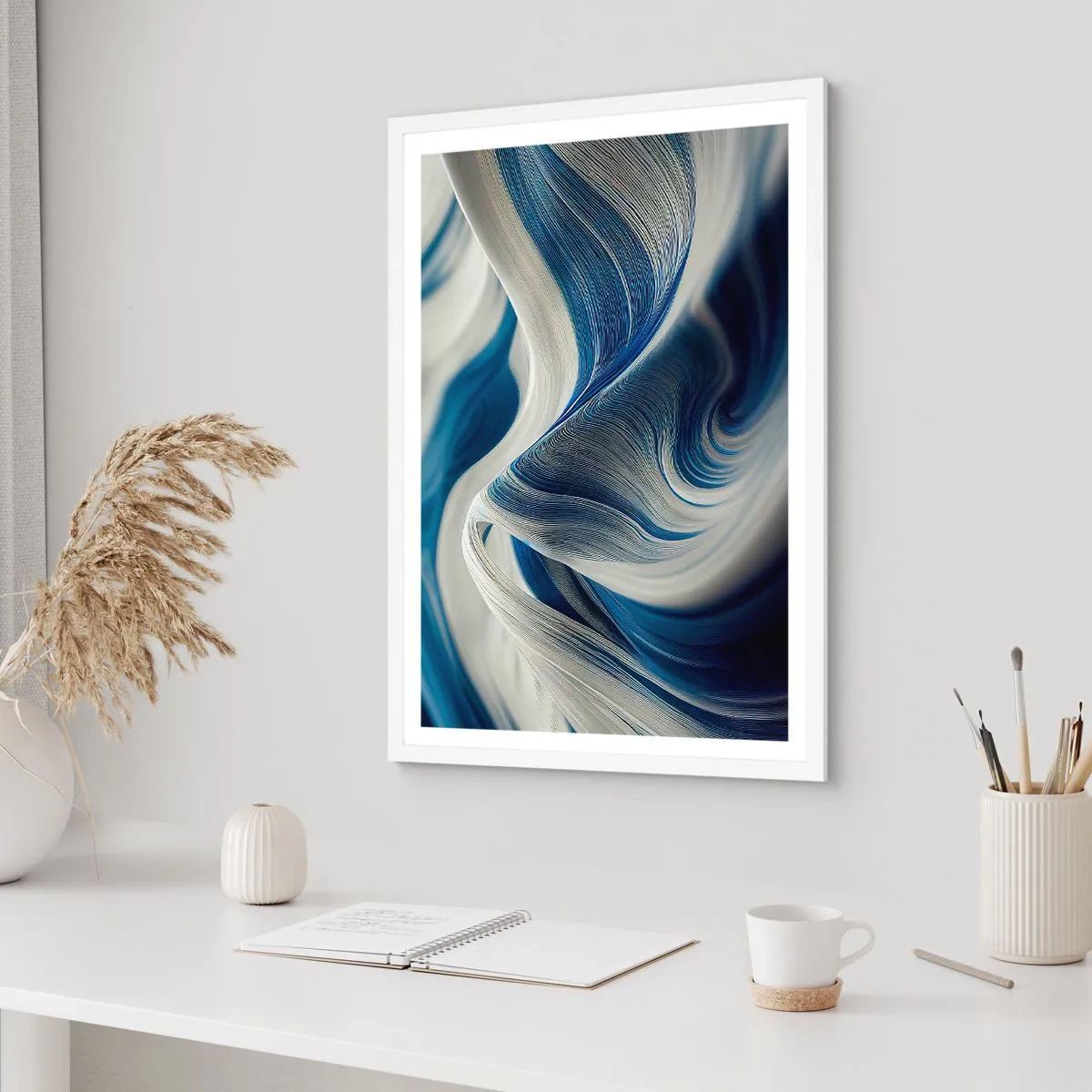 Pôster em moldura branca - A fluidez do azul e do branco - 40x50 cm