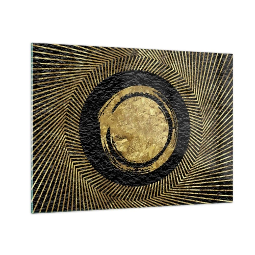 Quadro em vidro - Círculo dourado com raios em um fundo preto em um estilo glamoroso - 70x50cm - Composição glamourosa - Decoração de parede moderna para a sala de estar e quarto ARTTOR