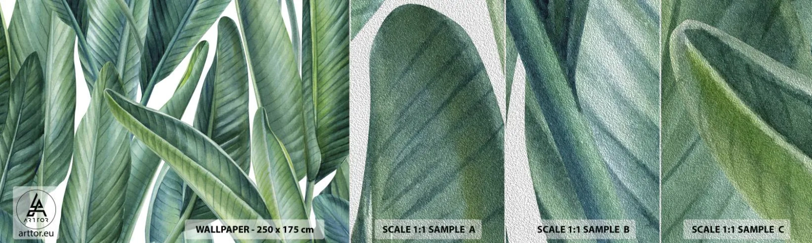 Amostra de papel de parede Premium Sand - O próprio verde - Folhas verdes, Planta tropical, Natureza - 100x30 cm