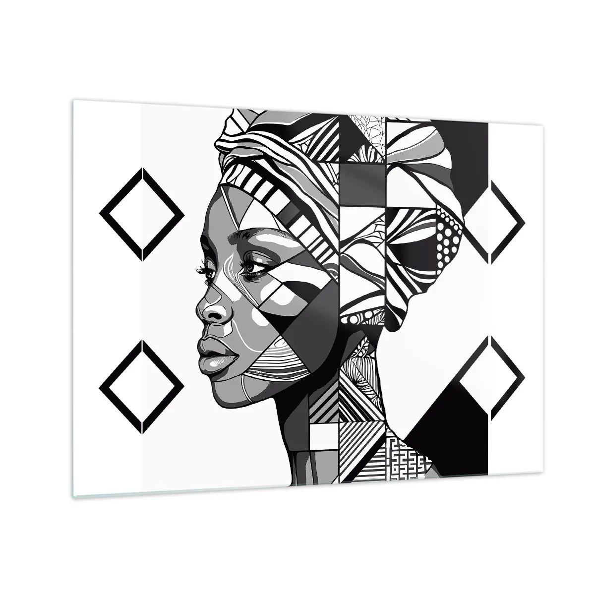 Quadro em vidro - Retrato étnico em preto e branco de uma mulher com padrões geométricos - 70x50cm - Retrato étnico - Decoração de parede moderna para a sala de estar e quarto ARTTOR