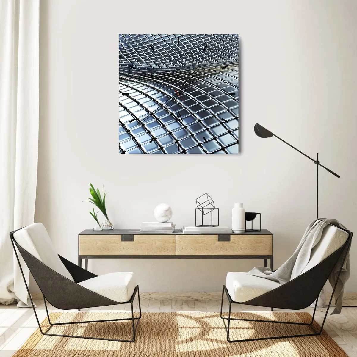 Relógio de parede - Relógio em vidro - Onda de prata metálica - 40x40 cm