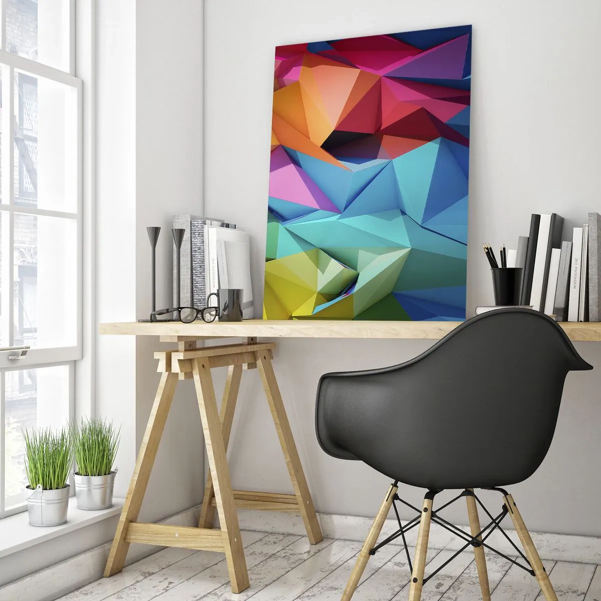 Quadro em vidro - Arco-íris de origami - 50x70 cm