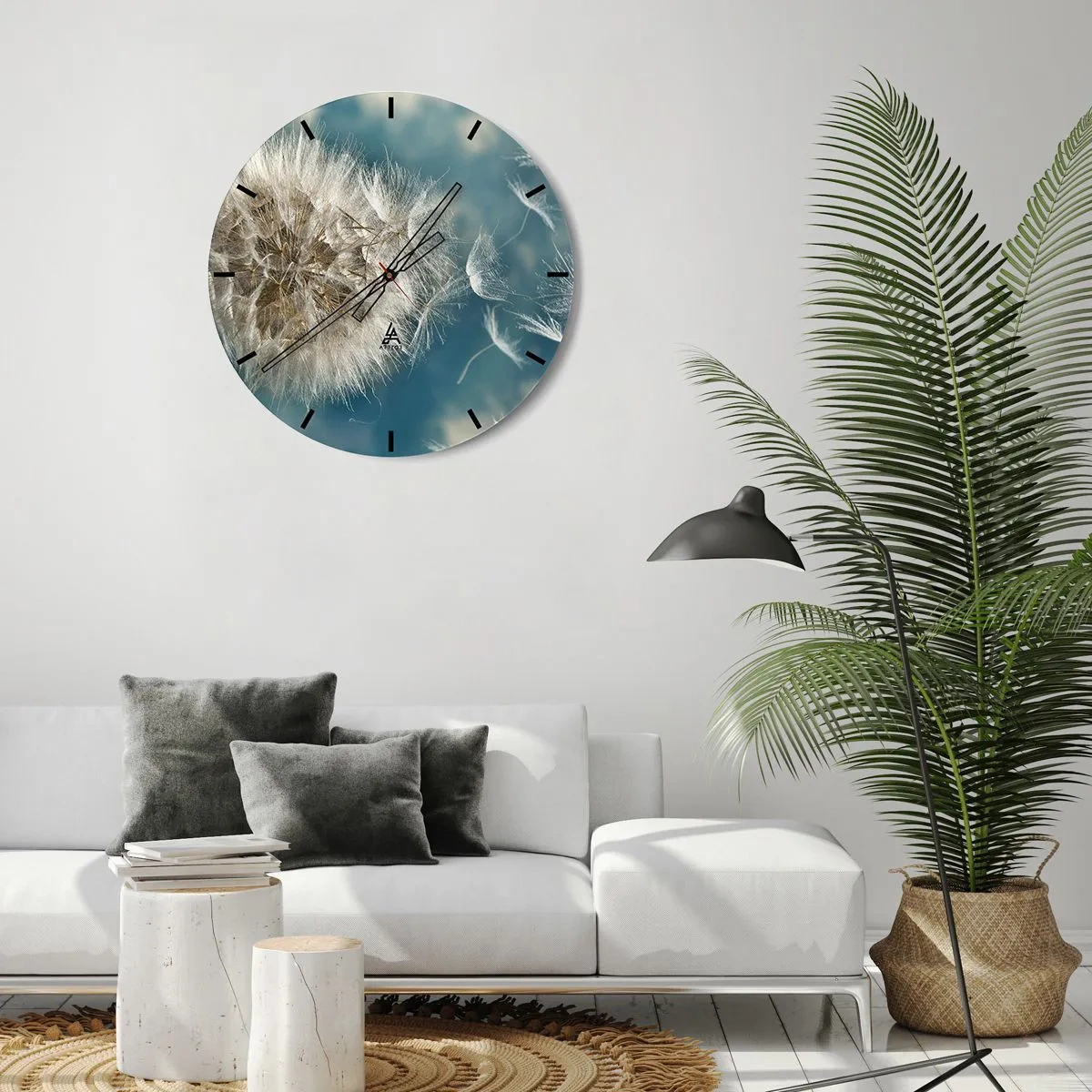 Relógio de parede - Relógio em vidro - Um dente-de-leão contra um céu azul com sementes flutuantes - 30x30cm - Respiração de um anjo - Decoração de parede moderna para a sala de estar, cozinha e quarto ARTTOR