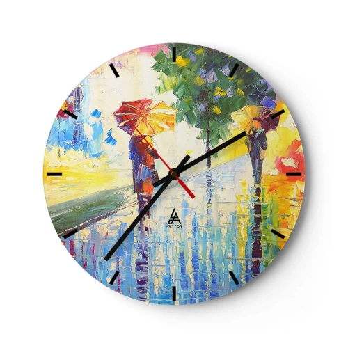Relógio de parede - Relógio em vidro - Personagens com guarda-chuvas caminhando em um dia chuvoso - 30x30cm - E tudo está claro - Decoração de parede moderna para a sala de estar, cozinha e quarto ARTTOR