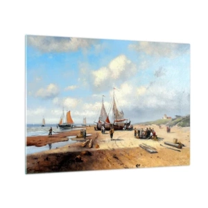 Quadro em vidro - Cena de praia com barcos de pesca e pessoas pescando - 70x50cm - Pós-caça bem-sucedida - Decoração de parede moderna para a sala de estar e quarto ARTTOR