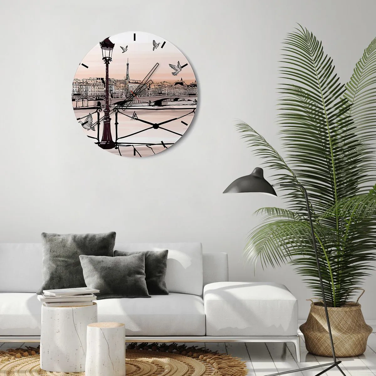 Relógio de parede - Relógio em vidro - Uma lanterna, pombos e o panorama de Paris ao pôr do sol - 30x30cm - Sobre os telhados de Paris - Decoração de parede moderna para a sala de estar, cozinha e quarto ARTTOR