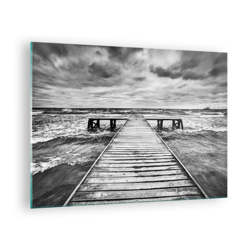 Quadro em vidro - Um cais preto e branco em meio a ondas fortes - 70x50cm - Estou à espera do vento, que vai dispersar... - Decoração de parede moderna para a sala de estar e quarto ARTTOR