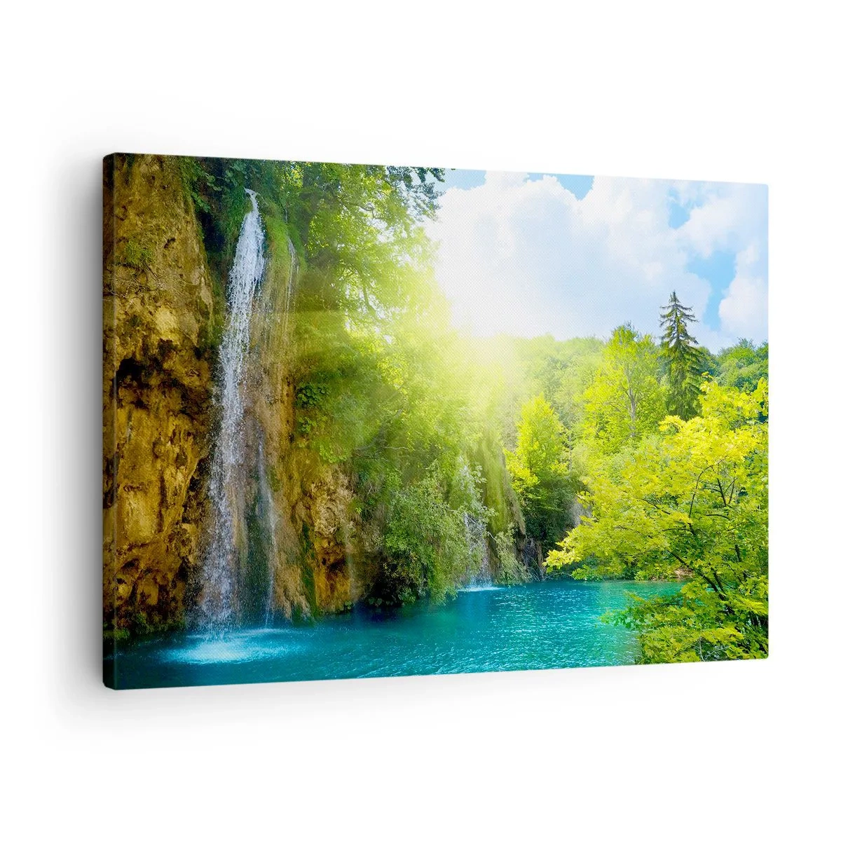 Quadro em tela - Uma cachoeira que deságua em um lago turquesa cercado por vegetação - 70x50cm - Deve ser o Éden - Decoração de parede moderna para a sala de estar e quarto ARTTOR
