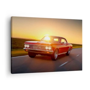 Quadro em tela - Um carro vermelho no pôr do sol em uma estrada aberta - 70x50cm - O desejo é vermelho - Decoração de parede moderna para a sala de estar e quarto ARTTOR