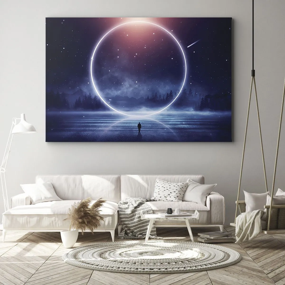 Quadro em tela - Uma paisagem mágica com uma figura e um círculo de luz à noite - 70x50cm - Eles já estão aqui... - Decoração de parede moderna para a sala de estar e quarto ARTTOR