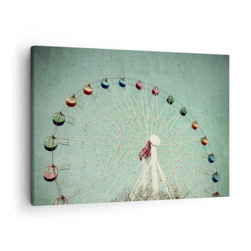 Quadro em tela - Uma roda gigante colorida contra um céu azul em estilo retrô - 70x50cm - Diverte-te - Decoração de parede moderna para a sala de estar e quarto ARTTOR