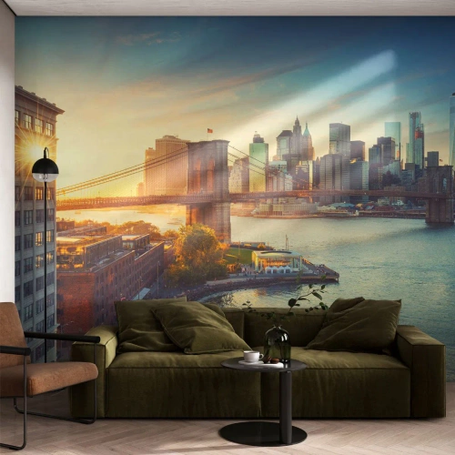 Papel de Parede Premium Sand - O amanhecer da cidade grande - Nova Iorque, Cidade, Ponte do Brooklyn - 450x315 cm