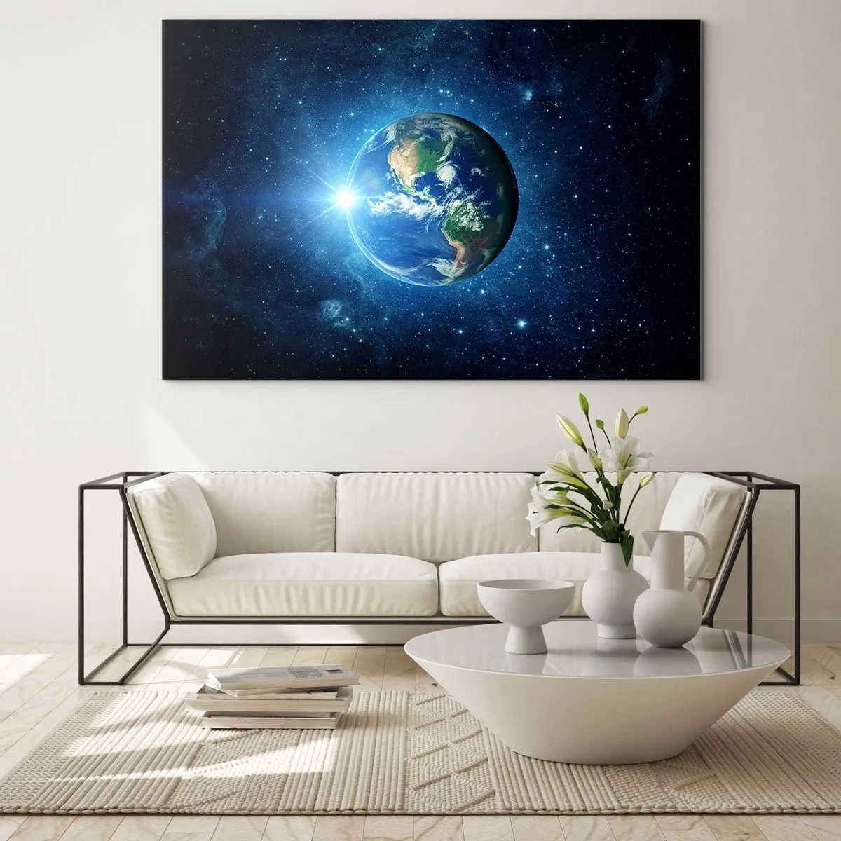 Quadro em vidro - Terra vista do espaço com raios de luz - 70x50cm - Estamos no céu - Decoração de parede moderna para a sala de estar e quarto ARTTOR