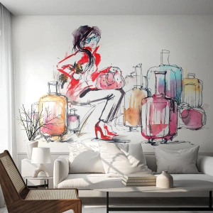 Papel de Parede Standard Eco - Mulher estilosa viajando com malas coloridas - 100x70cm - Vamos sentar antes da viagem - Decoração de parede moderna para a sala de estar e quarto ARTTOR