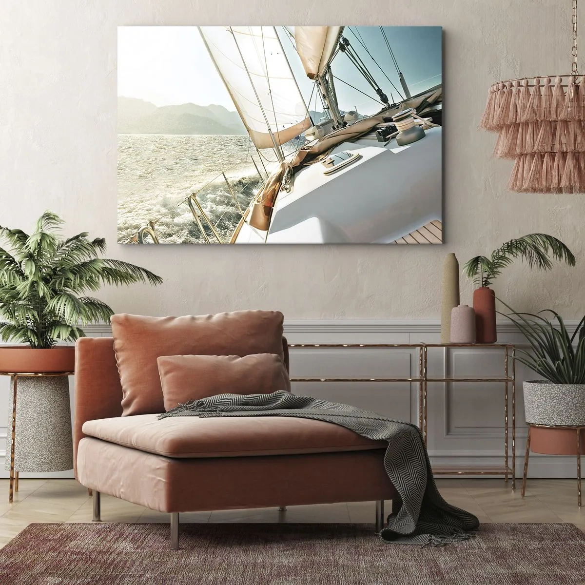 Quadro em tela - Um iate em mar aberto com vista para as montanhas - 70x50cm - Sob a vela - Decoração de parede moderna para a sala de estar e quarto ARTTOR